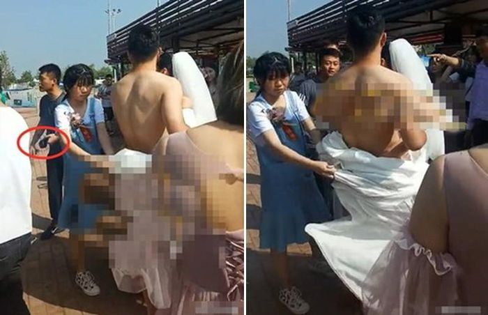 결혼 반대하는 신부 부모님이 남편 턱시도 찢어버리자 웨딩드레스로 가려주는 아내