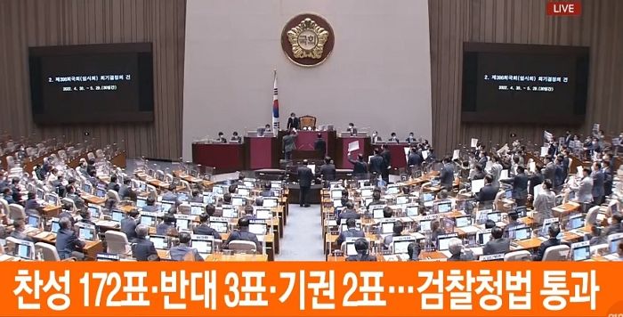 검찰수사권 축소하는 ‘검수완박’ 국회 본회의 통과...찬성 172로 가결