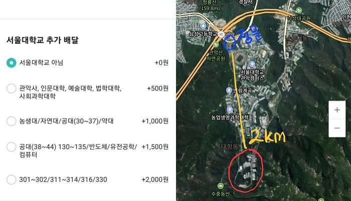 “지도 보면 납득 가능”...라이더들이 ‘서울대생’한테만 배달비 2천원씩 더 받는 이유