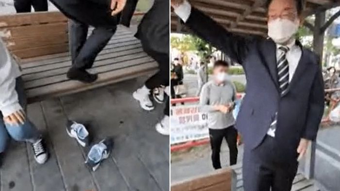 이재명이 벤치 한가운데 올라오자 앉아있다가 슬금슬금 도망치는 여학생들 (영상)