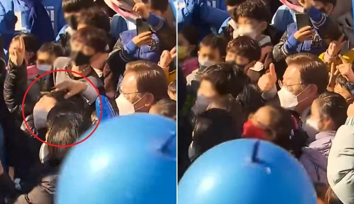 카메라에 자기 얼굴 안 나오자 앞자리 아이 머리 꾹꾹 누르는 이재명 (영상)