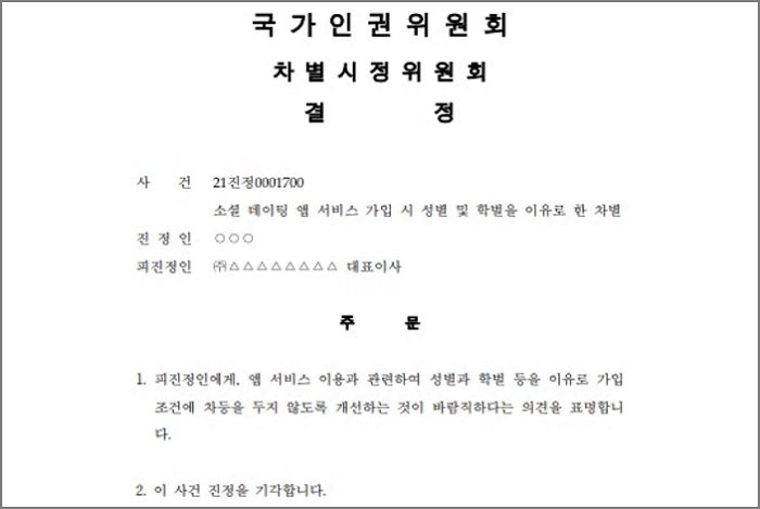 가입 조건으로 남자한테만 ‘학벌·직업’ 요구한 데이팅 앱...인권위 “차별 아니다”