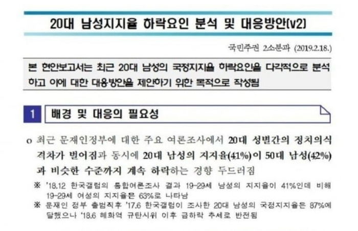 文정부가 3년 전 작성한 남성 지지율 하락 보고서에 담긴 페미니즘 ‘3줄 요약’
