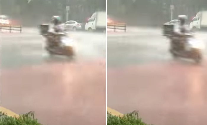 비 미친 듯이 오는 날 비명 지르며 배달 가는 라이더 (영상)