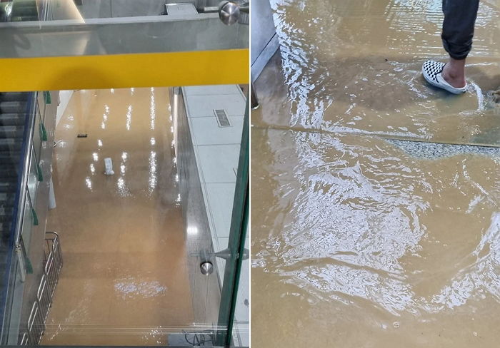 “발목까지 잠겨요”...흙탕물 새 들어와 ‘물바다’ 돼버린 KTX 광명역 상황 (영상·사진)