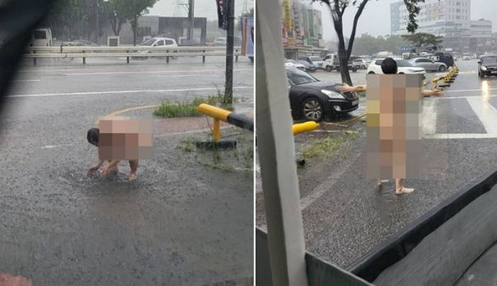 안산 도로 한복판에 나체로 뛰어나와 ‘폭우’에 샤워하는 남성