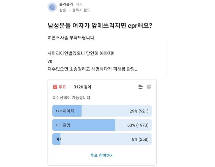 “남성분들, 앞에 쓰러진 여자가 있다면 CPR 할 건가요?” 블라인드 투표 결과 (+이유)