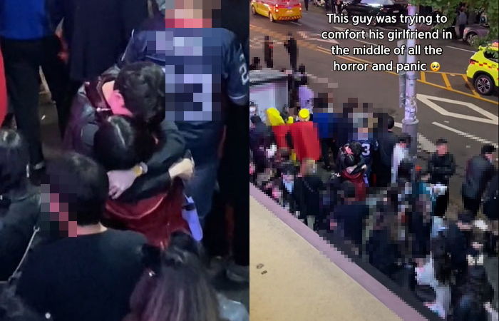 ‘이태원 참사’ 현장서 기적적으로 지켜낸 여자친구 꼭 껴안고 오열하는 남성