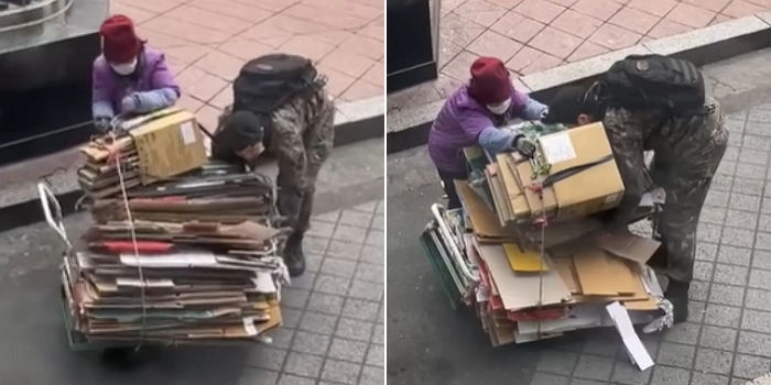 추운 겨울, 폐지 가득 실은 수레 잡고 휘청이는 할머니...이때 ‘군인’이 나섰다 (영상)