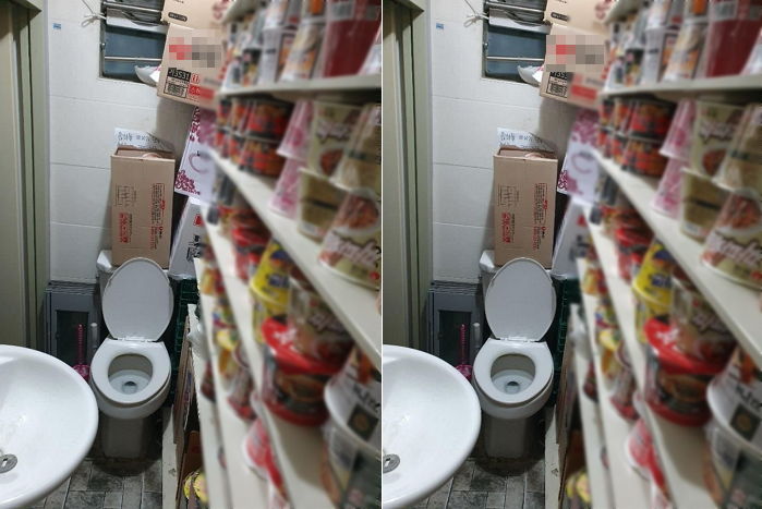 “소변 방울 다 튈 듯”...변기 옆에 판매용 컵라면 쌓아둔 어느 편의점 화장실