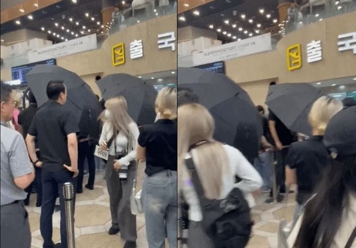 ‘가슴 터치+속옷 검사’로 논란됐던 하이브 앤팀 스태프의 오늘자 김포공항 우산 경호