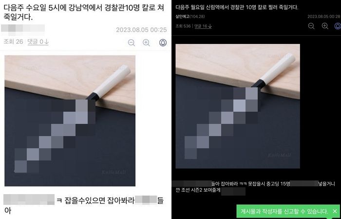 “월요일엔 신림역, 수요일엔 강남역”...3분 차이로 올라온 2개의 ‘경찰관 10명 살인’ 예고글