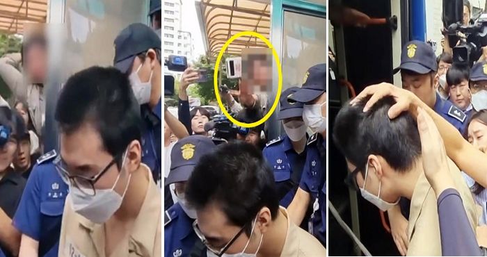 첫 재판 끝나고 나오며 유족이 던진 핸드폰에 머리 정통으로 맞은 최원종 (영상)