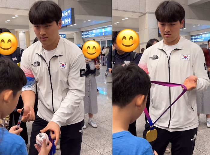 사인받으러 온 꼬마팬 목에 금메달 걸어주고 사진 찍어준 키움 야구선수 (+영상)