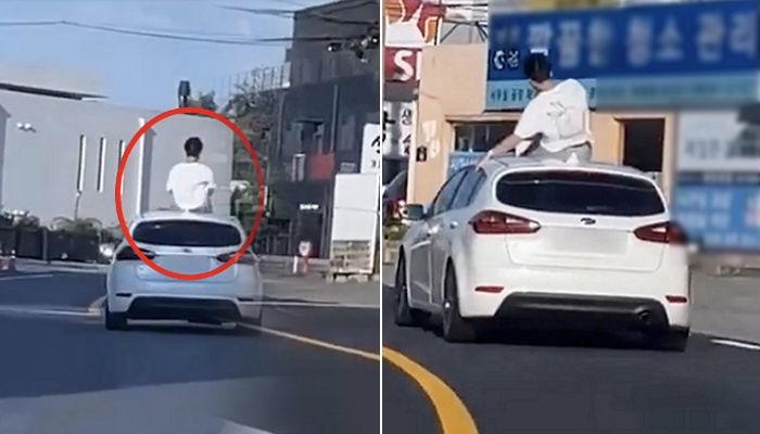 달리는 차 지붕에 걸터앉아 커브길 돌 때마다 ‘한 손 코너링’ 하는 남성 (+영상)