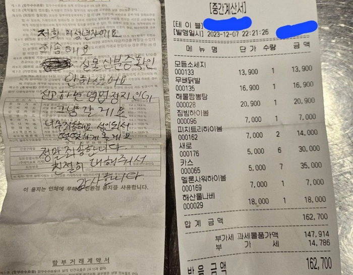 “저희 미성년자에요”...술집서 16만원어치 ‘먹튀’한 10대들이 사장에게 남긴 협박 쪽지
