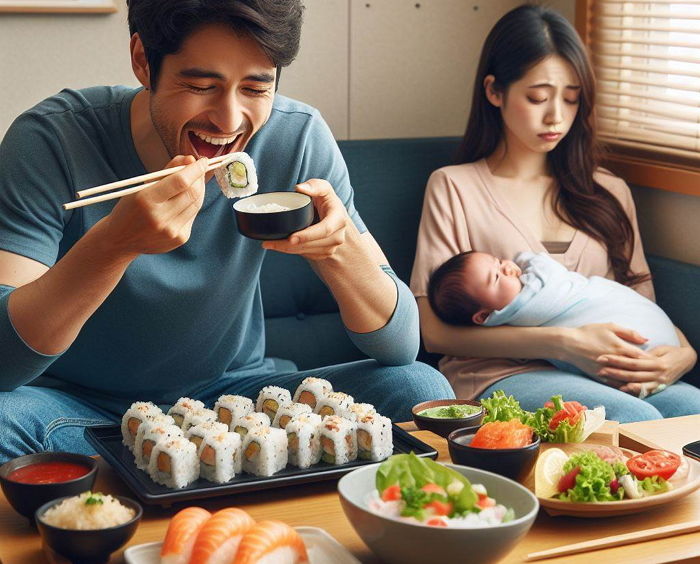 아내가 출산휴가 쓰고 집에서 육아하자 ‘돈타령’하면서 자기 것만 ‘특’초밥으로 시킨 남편