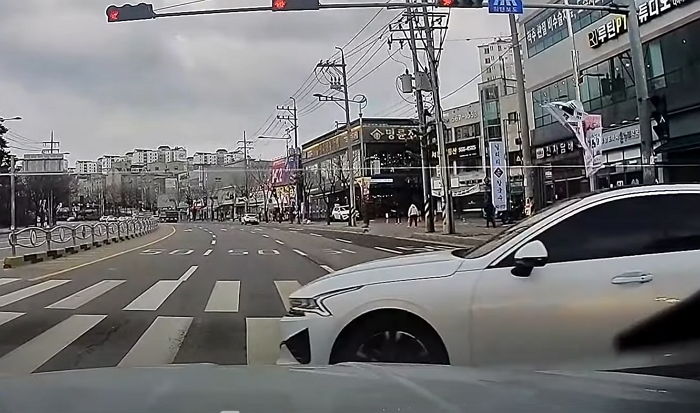“차가 왜 거기서 나와”...초록불 켜지자 사람인 척 횡단보도 건너는 승용차 (영상)