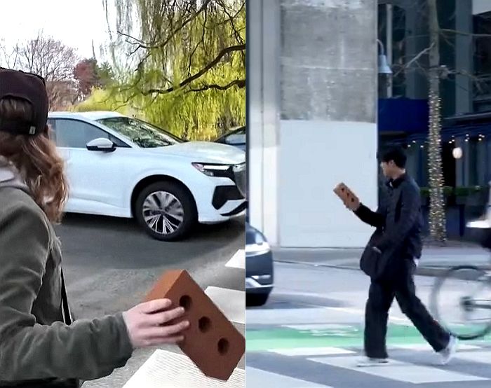 횡단보도서 안 멈추는 차량들 참교육(?) 하라고 설치된 ‘벽돌탑’...효과는 굉장했다 (영상)