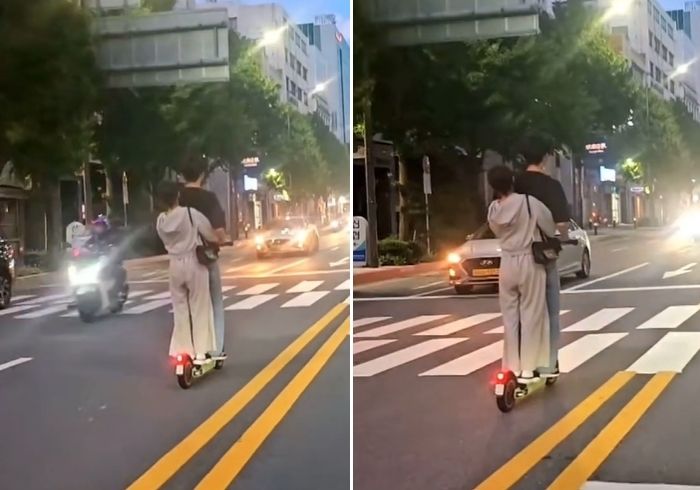 킥보드 타고 6차선 도로 한복판서 역주행한 ‘커플 킥라니’... 헬멧·보호대도 안했다 (영상)