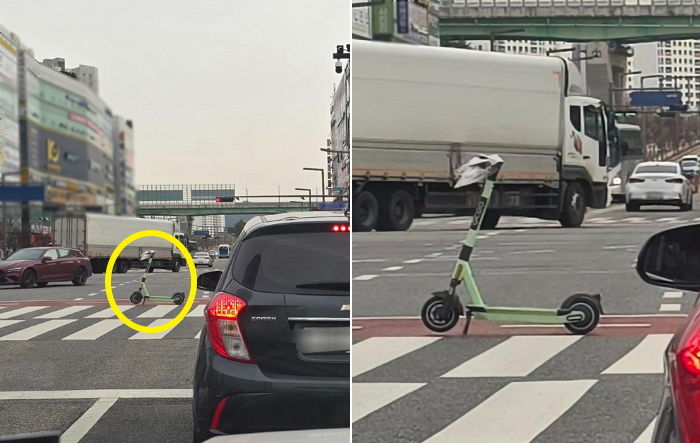 왕복 4차선 사거리 한복판에 킥보드 세워두고 간 빌런... 오토바이 세우고 대신 치운 라이더