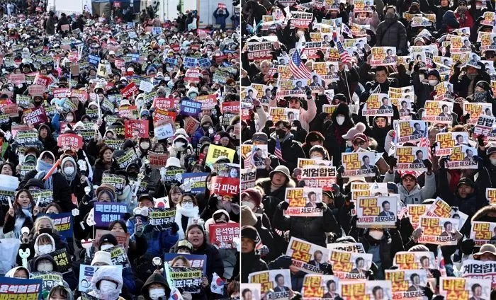 28일 서울 도심 광화문 일대에서 윤석열 대통령 탄핵을 촉구하는 집회(왼쪽)와 탄핵 반대 맞불집회가 각각 열리고 있다. / 뉴스1