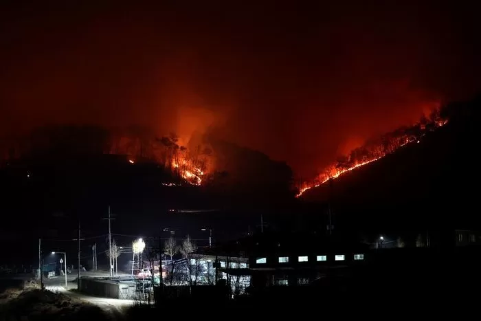 경북 의성군 산불이 나흘째 이어지고 있는 25일 오후 경북 안동시 남선면 이천리 일대 야산에 산불이 지속되고 있다. 2025.3.25 / 뉴스1