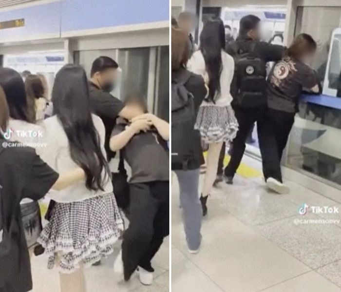 아이돌과 부딪힌 시민 얼굴 ‘팔꿈치’로 가격한 ‘하츠투하츠’ 경호원 (영상)