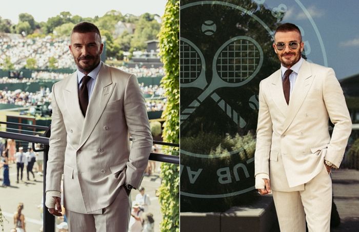 베컴, 오프화이트 실크-리넨 수트로 테니스 대회 참석