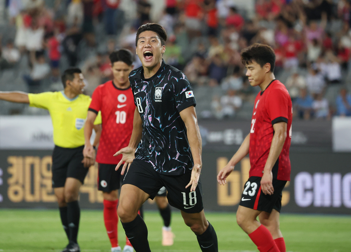 이호재가 11일 오후 경기 용인시 처인구 용인미르스타디움에서 열린 2025 동아시아축구연맹(EAFF) E-1 챔피언십 남자부 대한민국과 홍콩의 경기에서 득점한 뒤 기뻐하고 있다. 2025.7.11/뉴스1