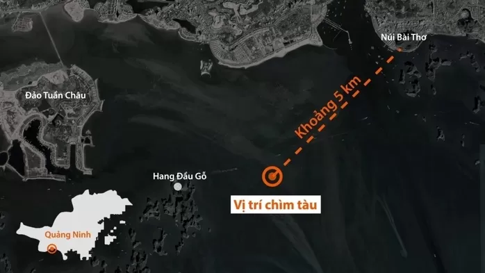 Vị trí tàu chở 53 người chìm trên vịnh Hạ Long. Đồ họa: Bá Nam