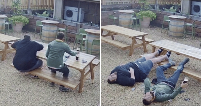 벤치서 맥주 마시다 뒤로 넘어진 남성의 놀라운 순발력 (영상)