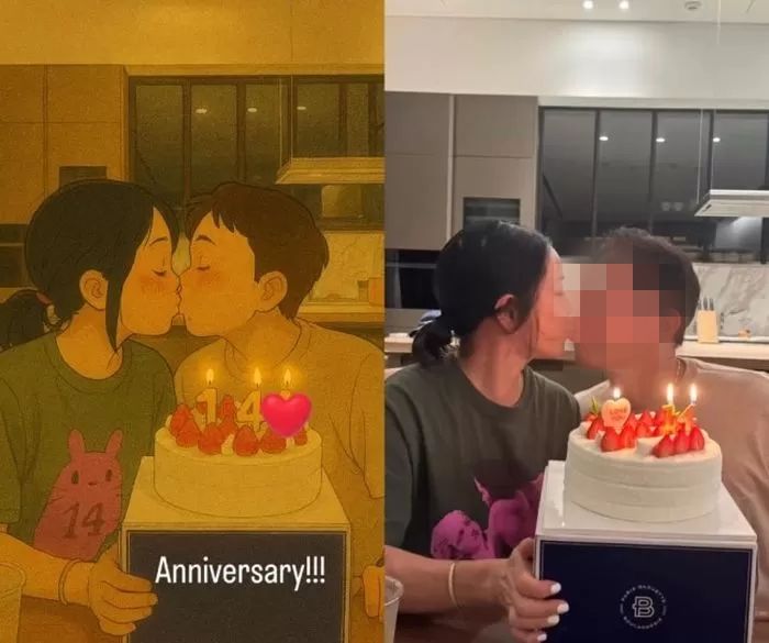 결혼 14주년 맞은 이혜영, 남편 얼굴 공개하며 ‘다정한 뽀뽀샷’ 올렸다