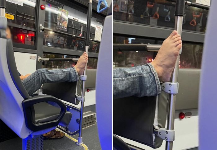 버스 손잡이에 ‘맨발’ 올려놓은 중년 남성... “옆 자리 비어있는데 발 때문에 못 타”