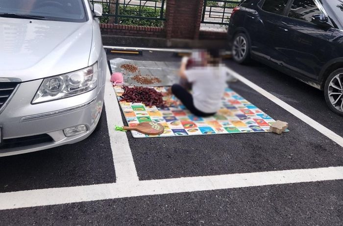 아파트 주차장서 돗자리 펴고 고추 다듬는 민폐 이웃 (사진)