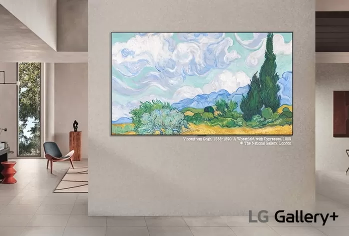 LG 갤러리 플러스를 통해 영국 내셔널 갤러리 런던에 전시된 반 고흐의 작품 사이프러스가 있는 밀밭이 나오고 있다. 사진=LG전자 제공