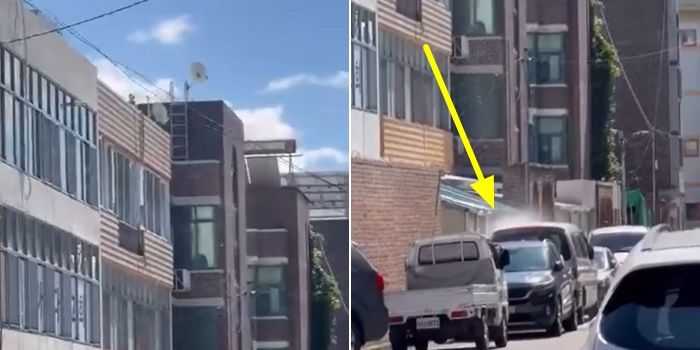 주차 차량 덮친 옥상발 물폭탄... ‘신개념 세차법’에 술렁 (영상)