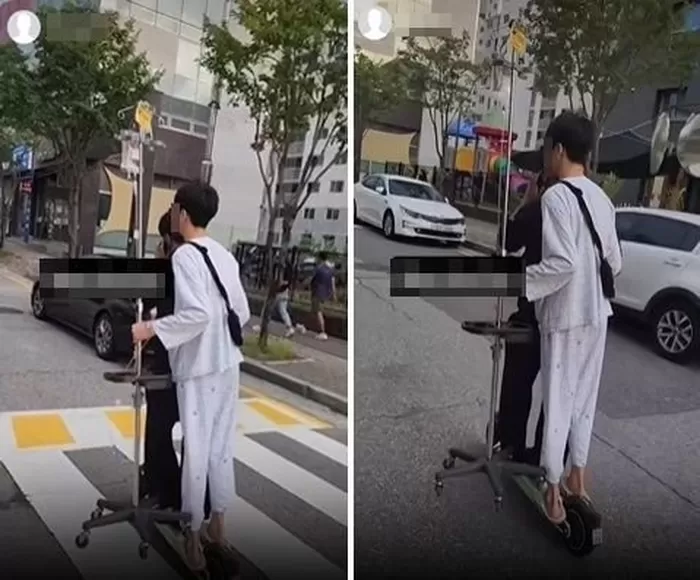 안전모도 쓰지 않은 채 전동 킥보드 한 대를 두 명이 함께 타고 주행하는 영상. /사진=온라인 커뮤니티 보배드림