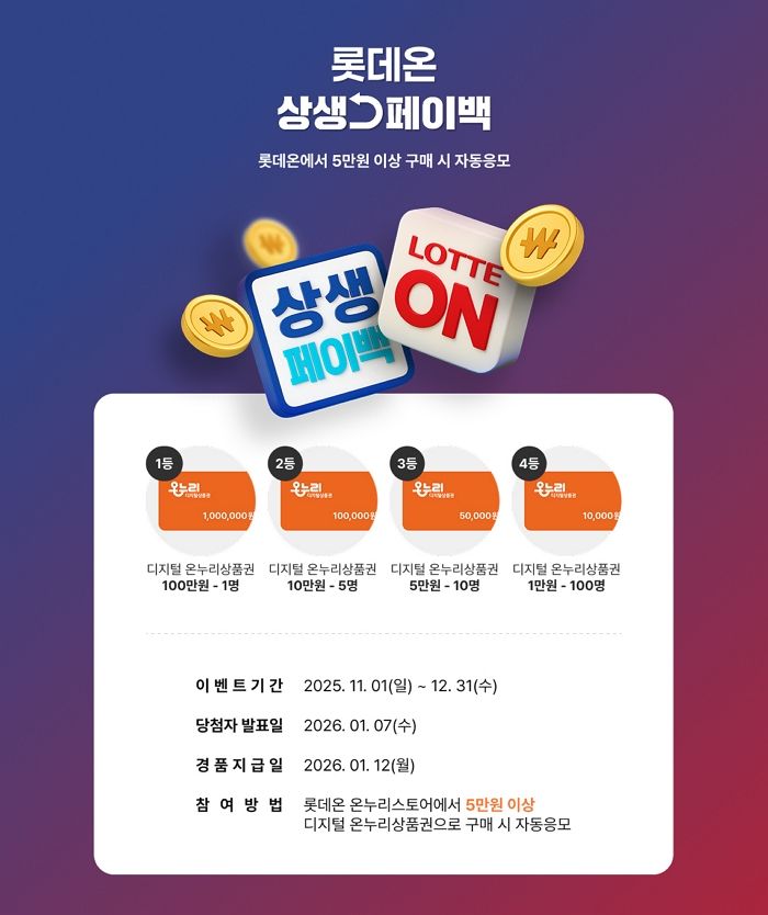 롯데온, 온누리상품권 결제 고객 대상 ‘상생페이백 복권 이벤트’ 진행