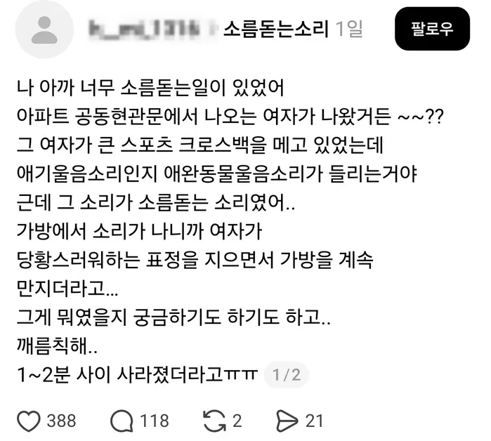 “아기울음 소리 들리는 가방 멘 여자가 지나갔어요”... 소름돋는 목격담