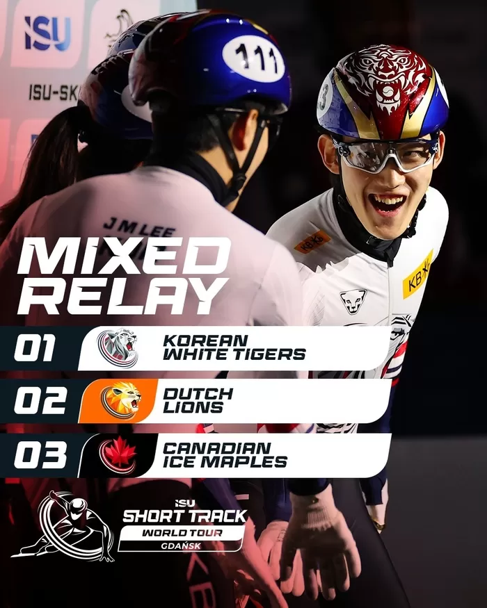 문구: ISU ISU-SK 111 V MIXED RELAY 01 KOREAN WHITE WHITETIGERS TIGERS 02 TCH LIONS 03 CANADIAN ICE ...