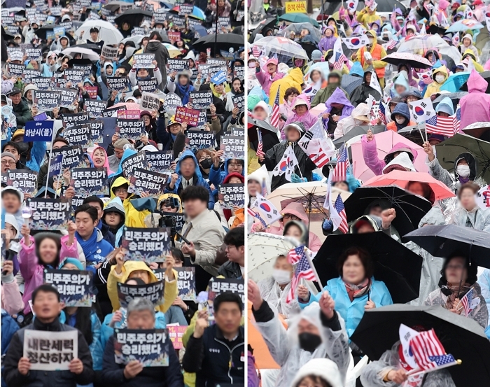 헌법재판소의 윤석열 전 대통령에 대한 파면 선고 이후 첫 주말인 5일 서울 종로구 광화문 일대에서 찬반집회가 열리고 있다. 2025.4.5/뉴스1