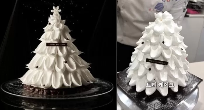 신라호텔의 대표 케이크인 화이트 홀리데이(왼쪽)와 유튜브 제로비가 재현한 케이크./ 신라호텔·유튜브