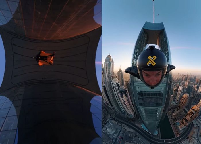 “시속 200km 극한 도전”... 두바이 초고층 호텔 ‘바늘귀’ 통과한 윙수트 선수들