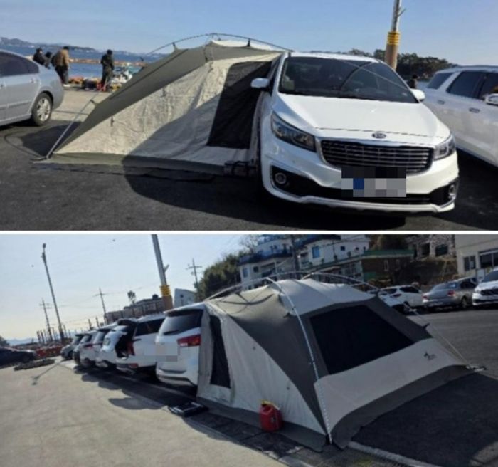 공용주차장에 텐트 설치해 주차칸 점유... 카니발 차주 ‘민폐’ 논란