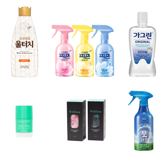 (좌측 상단부터 시계방향) 피죤 '울터치 중성세제', 피죤 '스프레이피죤 오리지널', 동아제약 '가그린 오리지널 구강청결제', 해피바스 '필쏘굿 풋샴푸', 웰존 '대나무숯 탈취제', 라로제 '데오드란트스틱' / 사진 제공 = 각 사