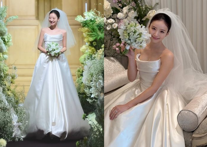 김지영, 부케에 가려진 ‘D라인’ 드레스... “‘혼전임신’ 웨딩마치”