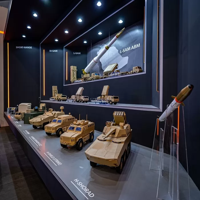 사우디아라비아 리야드에서 열린 WDS 2026 한화 부스에 전시된 한화의 대공방어체계 라인업