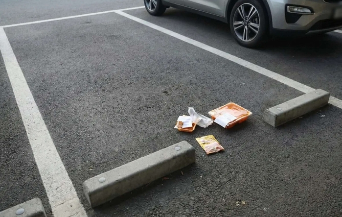 먹다 남은 떡볶이 주차장에 투척한 BMW 차주, CCTV에 딱 걸렸다