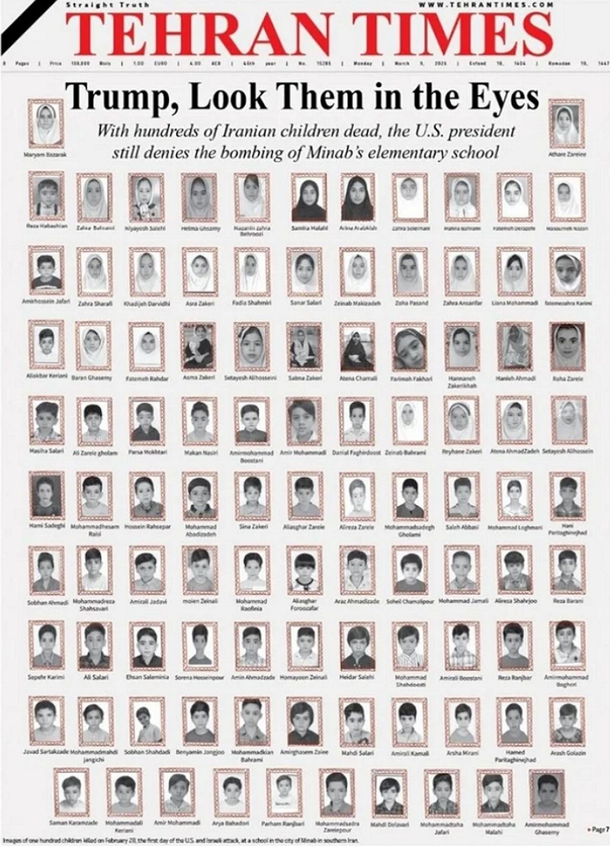 “똑바로 봐라, 트럼프”... 이란 신문, 학교 공습으로 희생된 학생들 1면에 내걸었다
